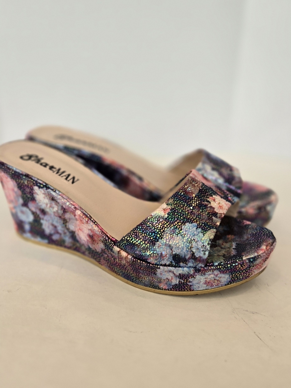 Vintage Floral Glitter Wedge Slide Sandals in Pink and Blue
